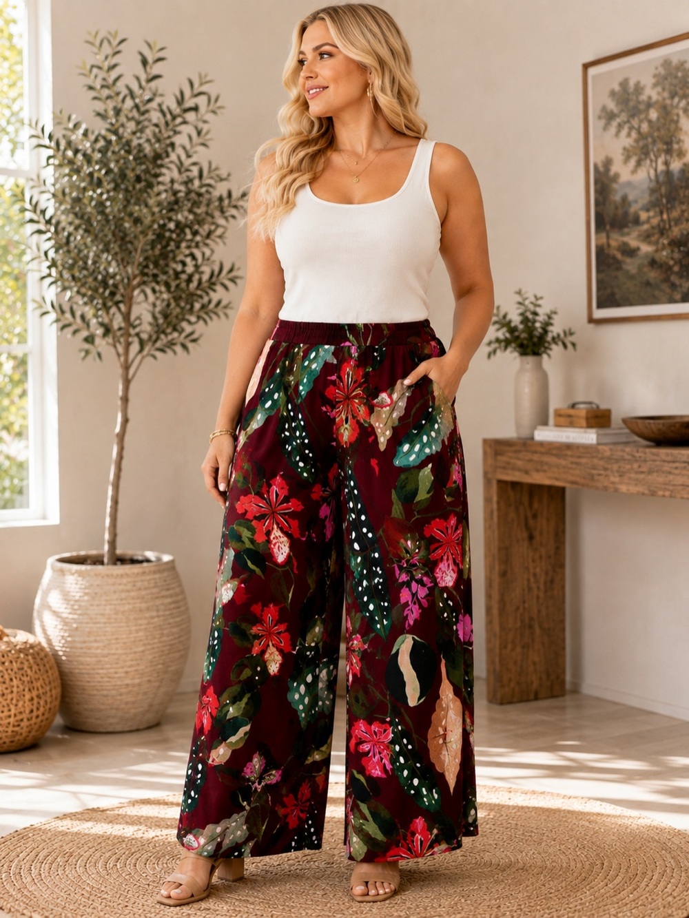 Cupio Blush Floral Tropical Wide Leg Palazzo Pants 1X NWT